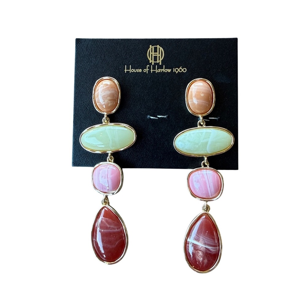 House of Harlow 1960 Gold Tone Multi Resin Stone Drop Earrings NWT Boho
